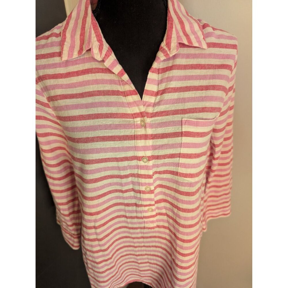 Gap Pink and White Striped Linen Cotton Blend Popover Top w/ Roll Tab Sleeves: S - Picture 2 of 11